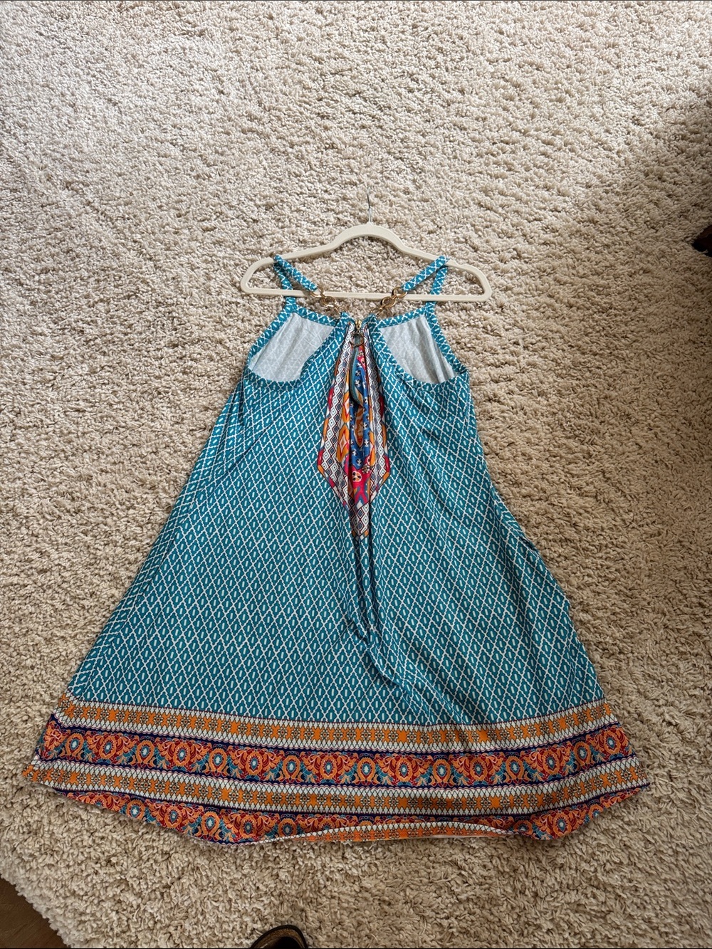 Sleeveless Teal Printed Boho Dress with Orange Border